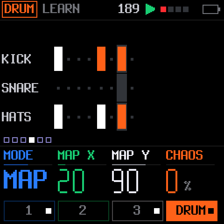 DRUM GEN page: kick, snare and hats lanes with MAP X, MAP Y and CHAOS.
