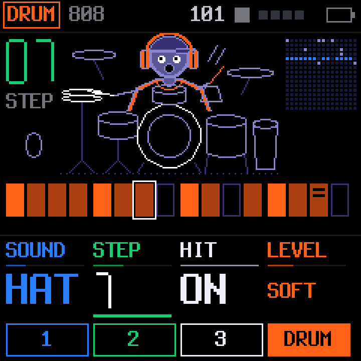 A drummer with headphones behind a full kit, above the step row.