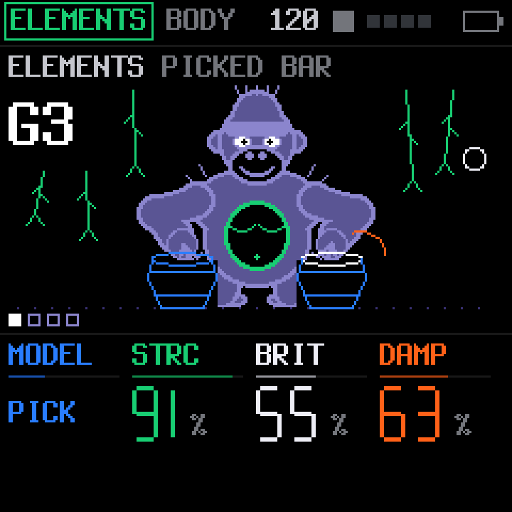 ELEMENTS body page: model PICK, strike 91, brightness 55, damping 63, with the gorilla on congas.