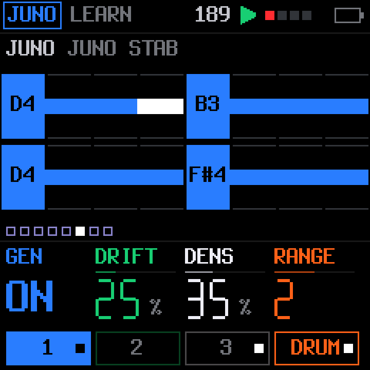 GEN page on the JUNO track: generated notes with DRIFT, DENS and RANGE.