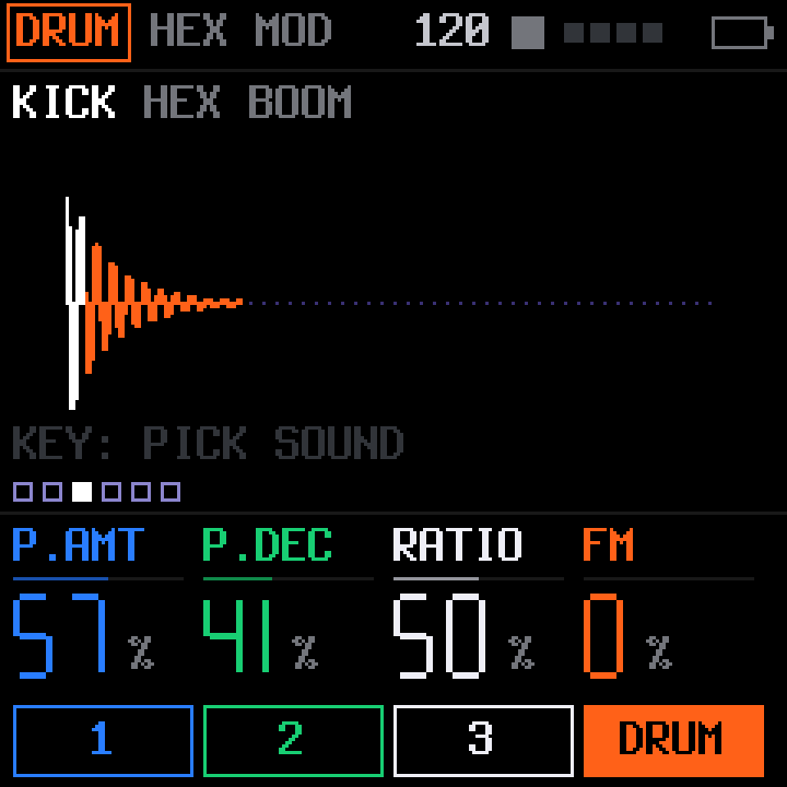 HEX drum synth page: a kick's decaying waveform with P.AMT, P.DEC, RATIO and FM knobs.
