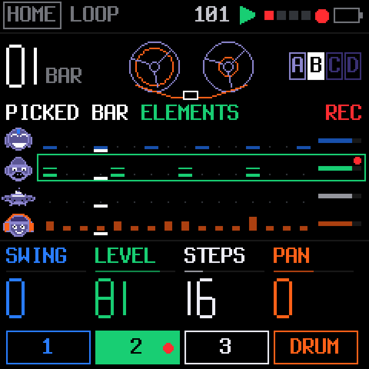 HOME page with two tape reels and the four tracks listed.