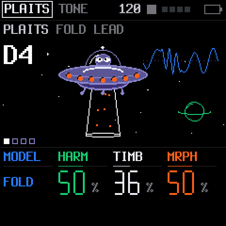 PLAITS tone page: model FOLD, with the flying saucer beaming down.